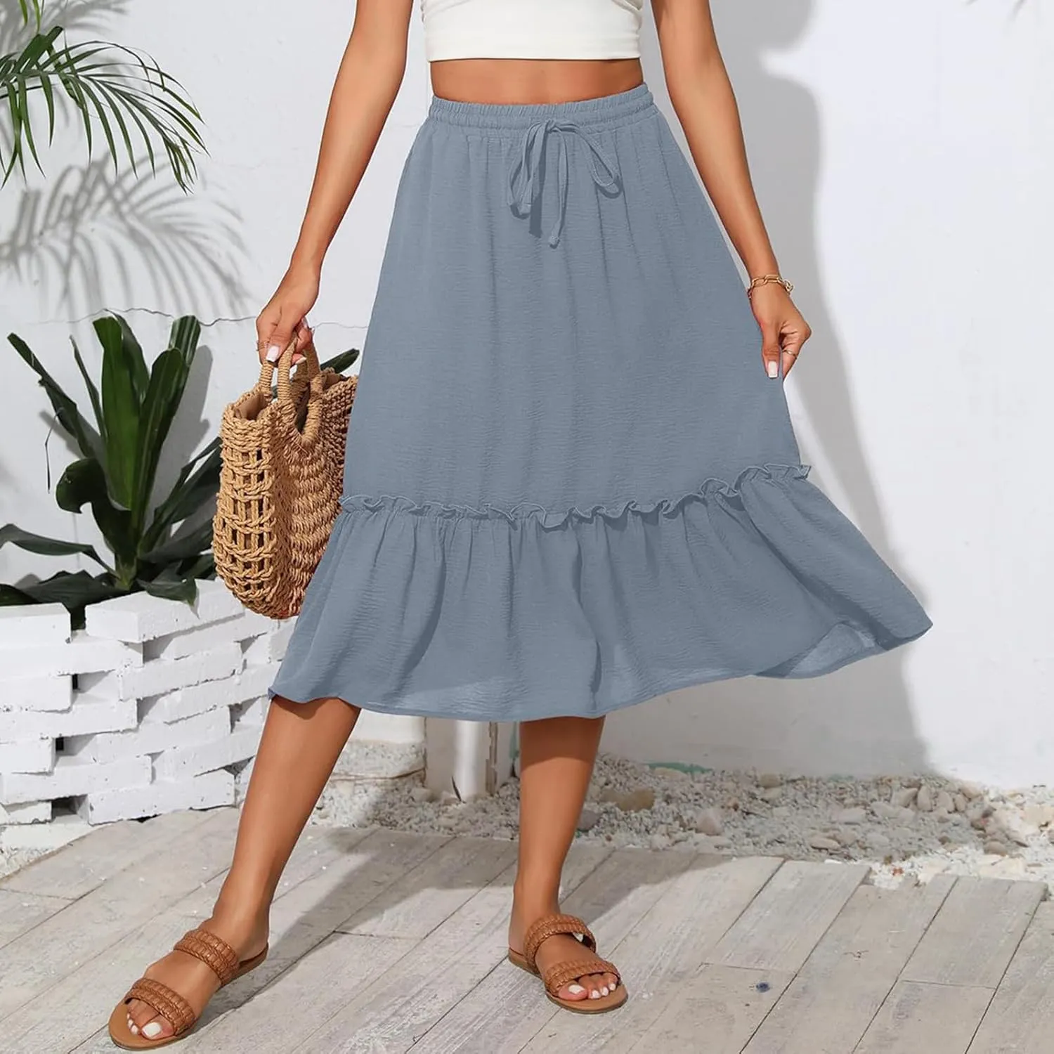 Maxi Skirts for Women Casual Summer High Waisted Drawstring Tiered Skirt Loose Lightweight Flowy Solid A-Line Skirt