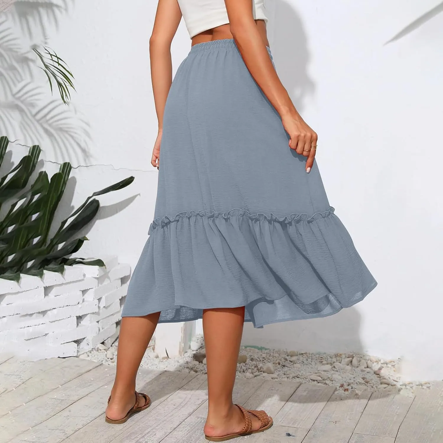 Maxi Skirts for Women Casual Summer High Waisted Drawstring Tiered Skirt Loose Lightweight Flowy Solid A-Line Skirt