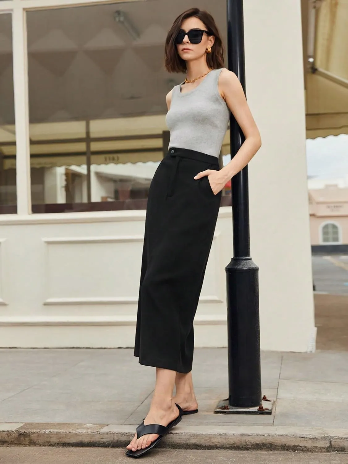 Maxi Skirts for Women Front Slit A-Line Casual Basic Midi Skirt