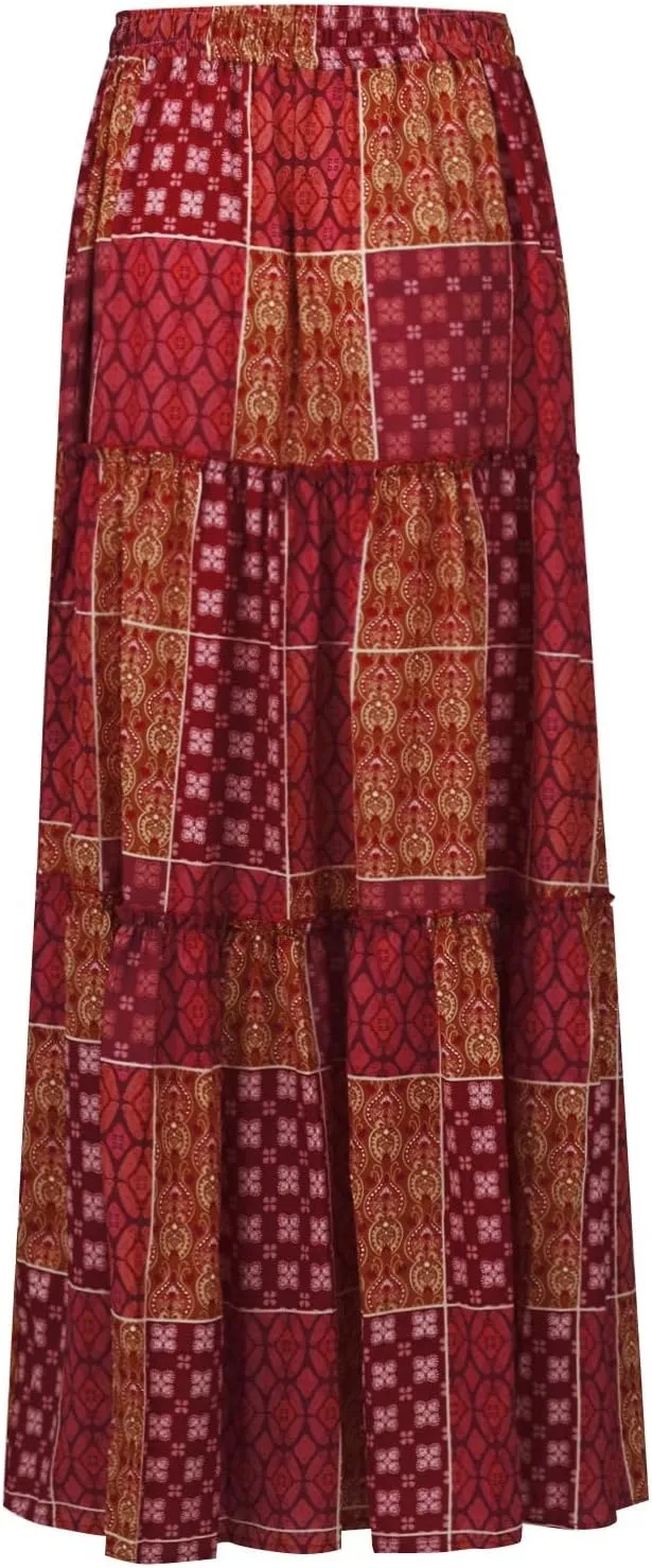 Maxi Skirts for Women Summer Boho Pleated Elastic High Waisted Skirts A-Line Flowy Swing Maxi Skirt with Pockets