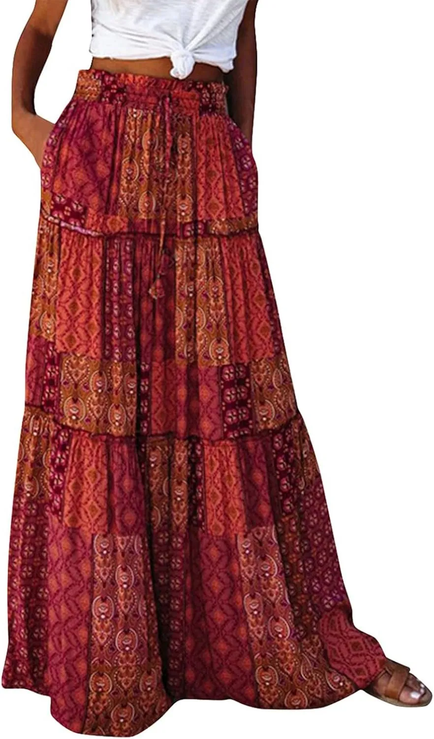 Maxi Skirts for Women,Boho Flowy Skirts Trendy 2025 Summer Vacation Elastic High Waist Drawstring Ruffle Hem