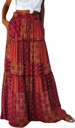 Maxi Skirts for Women,Boho Flowy Skirts Trendy 2025 Summer Vacation Elastic High Waist Drawstring Ruffle Hem