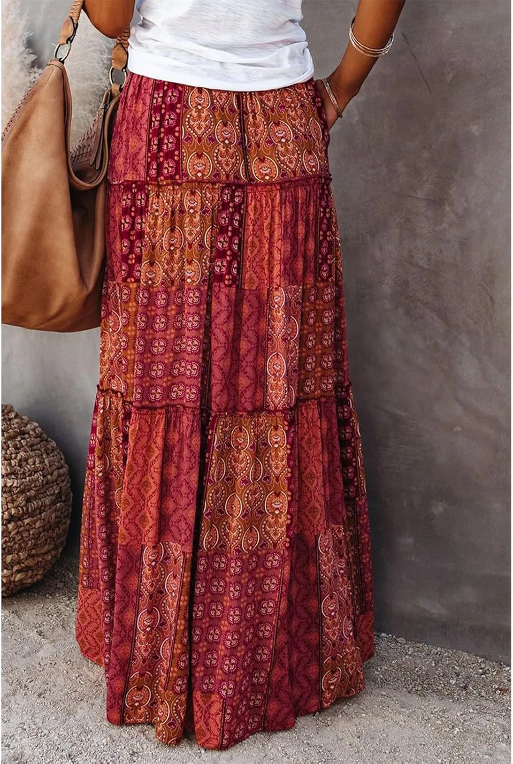 Maxi Skirts for Women,Boho Flowy Skirts Trendy 2025 Summer Vacation Elastic High Waist Drawstring Ruffle Hem
