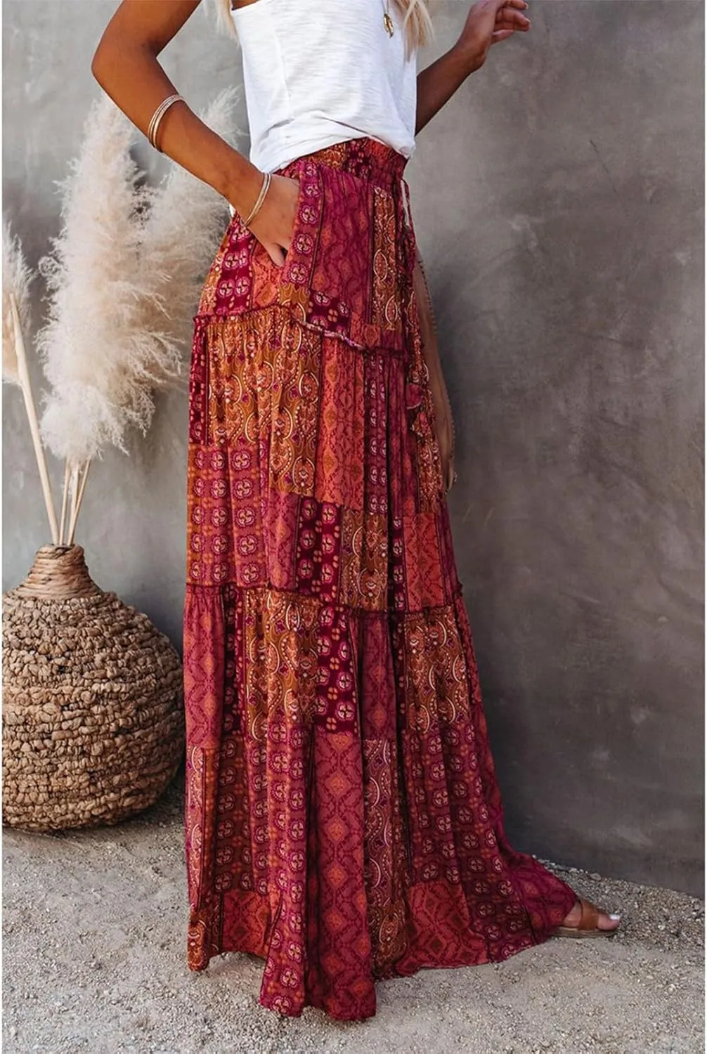 Maxi Skirts for Women,Boho Flowy Skirts Trendy 2025 Summer Vacation Elastic High Waist Drawstring Ruffle Hem