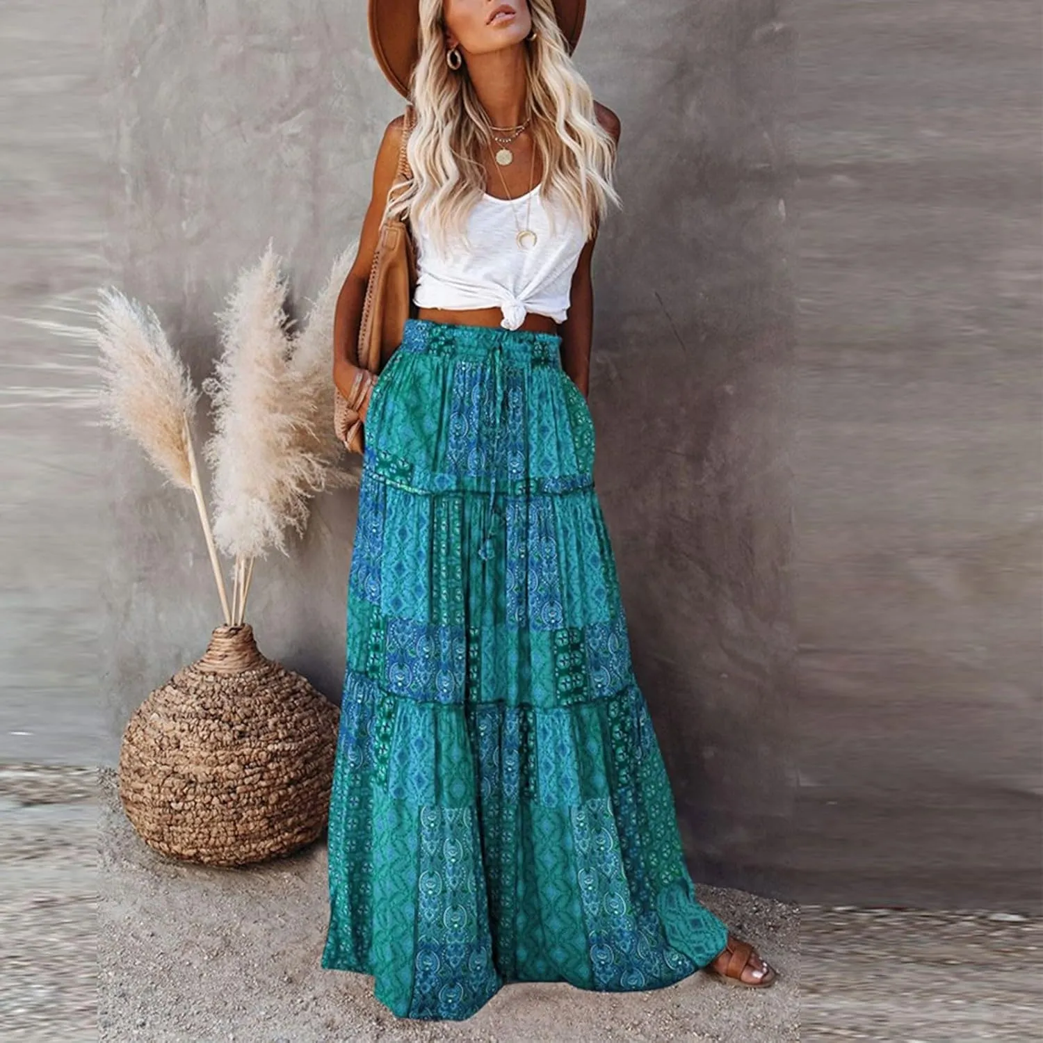 Maxi Skirts for Women,Elastic High Waisted Drawstring Ruffle Hem Bohemian Flowy Skirts Trendy 2025 Summer Vacation