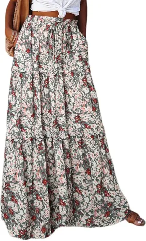 Maxi Skirts for Women,Elastic High Waisted Drawstring Ruffle Hem Bohemian Flowy Skirts Trendy 2025 Summer Vacation