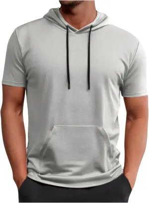 Mens Athletic Breathable Hooded Shirt Short Sleeve Workout Sport Hoodie Casual Running T-Shirt Quick Dry Pullover Top