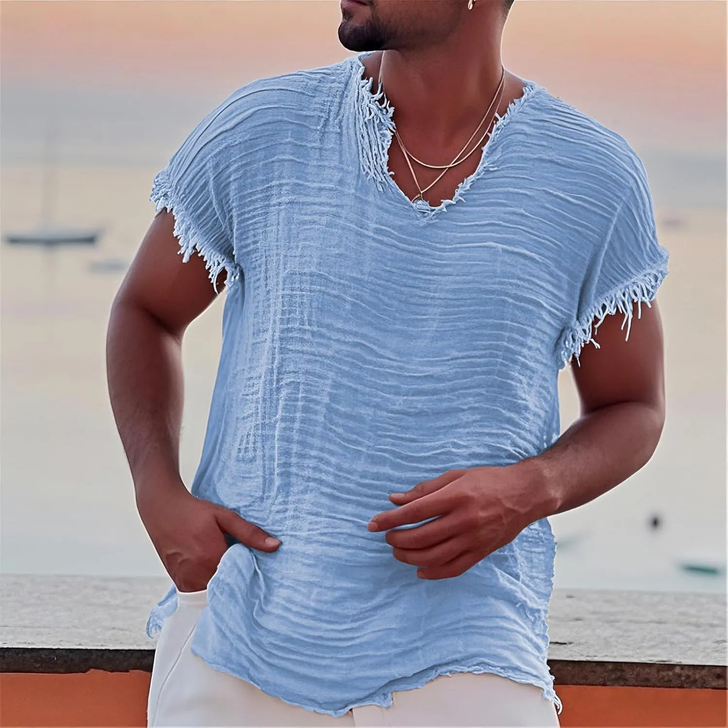 Men's Casual Linen T Shirts V Neck Short Sleeve Washed Shirts Frayed Raw Edges Tops Summer Beach Vacation Yoga Tops