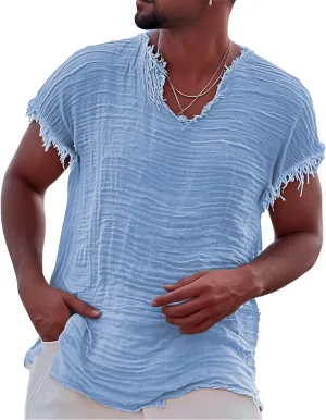 Men's Casual Linen T Shirts V Neck Short Sleeve Washed Shirts Frayed Raw Edges Tops Summer Beach Vacation Yoga Tops