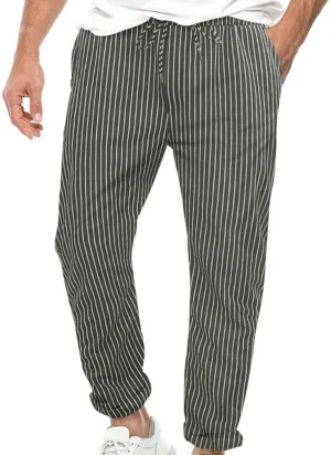 Mens Casual Pants Stripe Elastic Waist Drawstring Tapered Trousers Loose Breathable Outdoor Outing Pants with Pocket