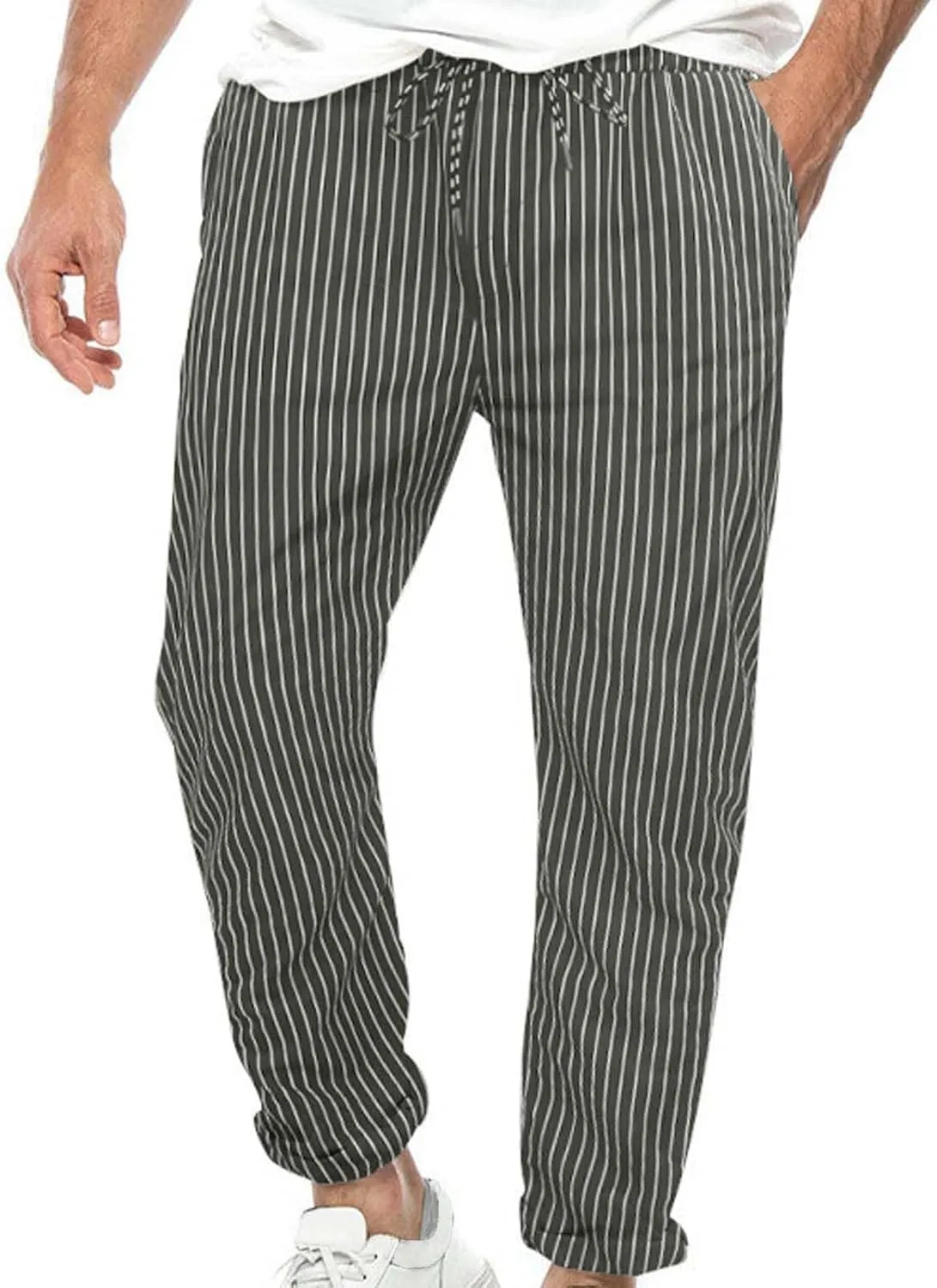 Mens Casual Pants Stripe Elastic Waist Drawstring Tapered Trousers Loose Breathable Outdoor Outing Pants with Pocket