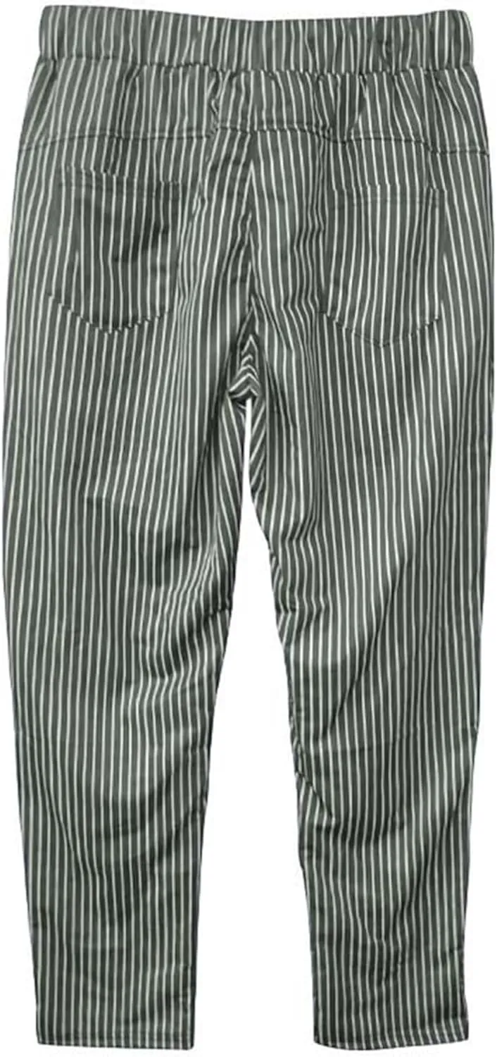 Mens Casual Pants Stripe Elastic Waist Drawstring Tapered Trousers Loose Breathable Outdoor Outing Pants with Pocket