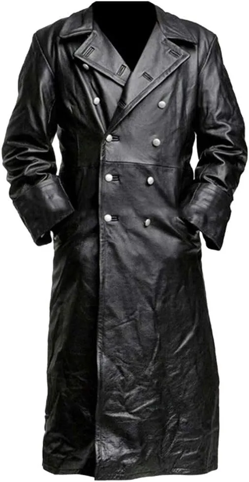 Mens Casual PU Leather Jacket British Style Lapel Collar Double Breasted Motorcycle Jakcet Fall Long Coats Overcoat