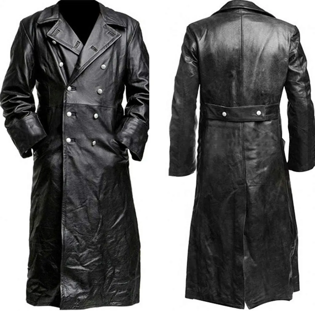 Mens Casual PU Leather Jacket British Style Lapel Collar Double Breasted Motorcycle Jakcet Fall Long Coats Overcoat
