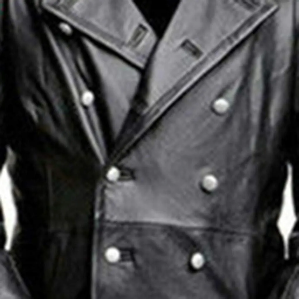 Mens Casual PU Leather Jacket British Style Lapel Collar Double Breasted Motorcycle Jakcet Fall Long Coats Overcoat