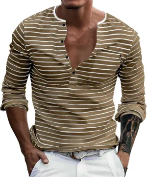 Mens Causal Henley T Shirt Long Sleeve Striped Print Deep V Neck Crewneck Slim Fit Trendy Workout Tees Pullover Tops