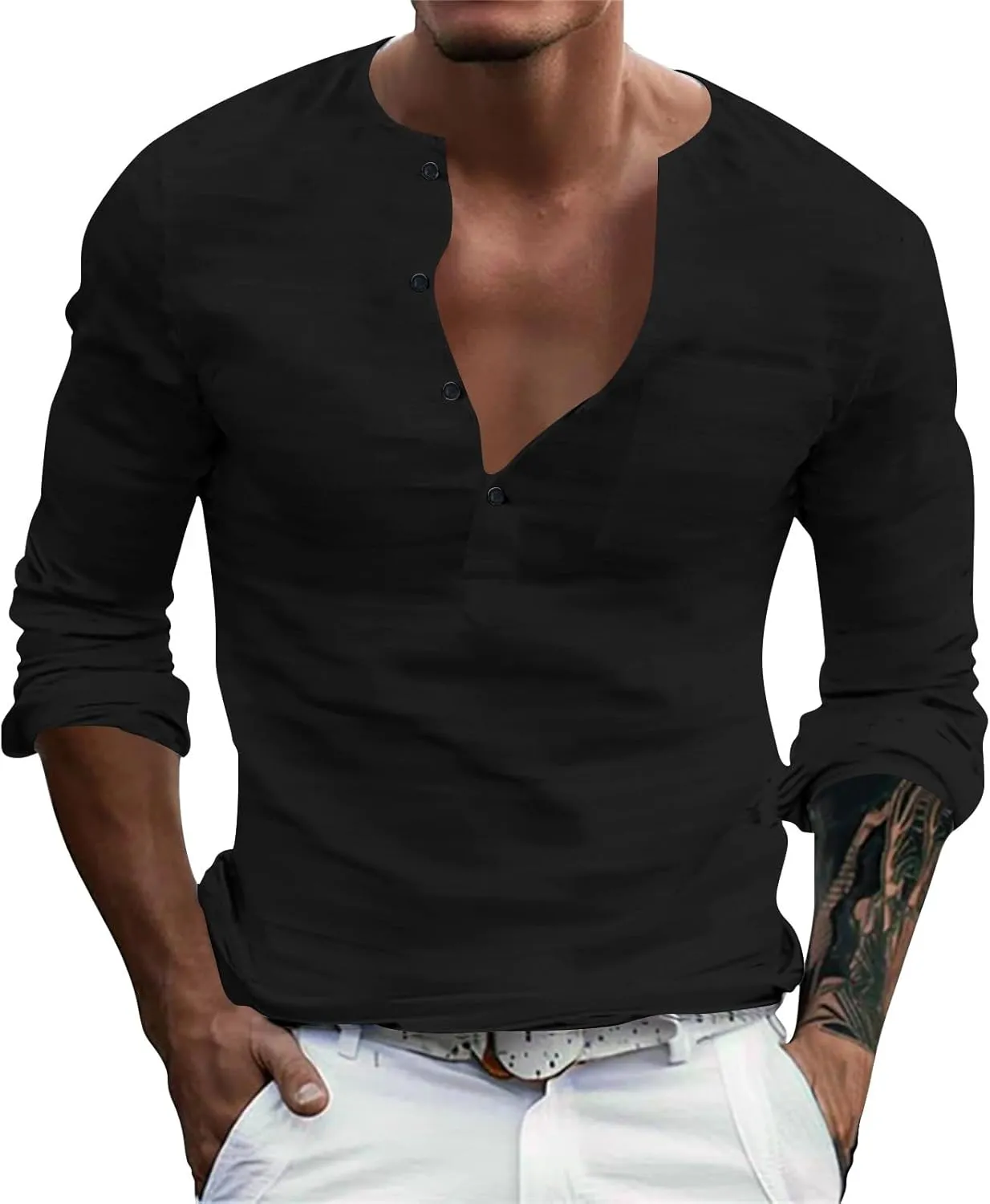 Mens Causal Henley T Shirt Long Sleeve Striped Print Deep V Neck Crewneck Slim Fit Trendy Workout Tees Pullover Tops