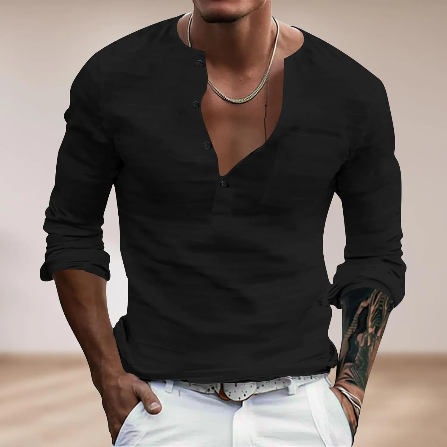 Mens Causal Henley T Shirt Long Sleeve Striped Print Deep V Neck Crewneck Slim Fit Trendy Workout Tees Pullover Tops
