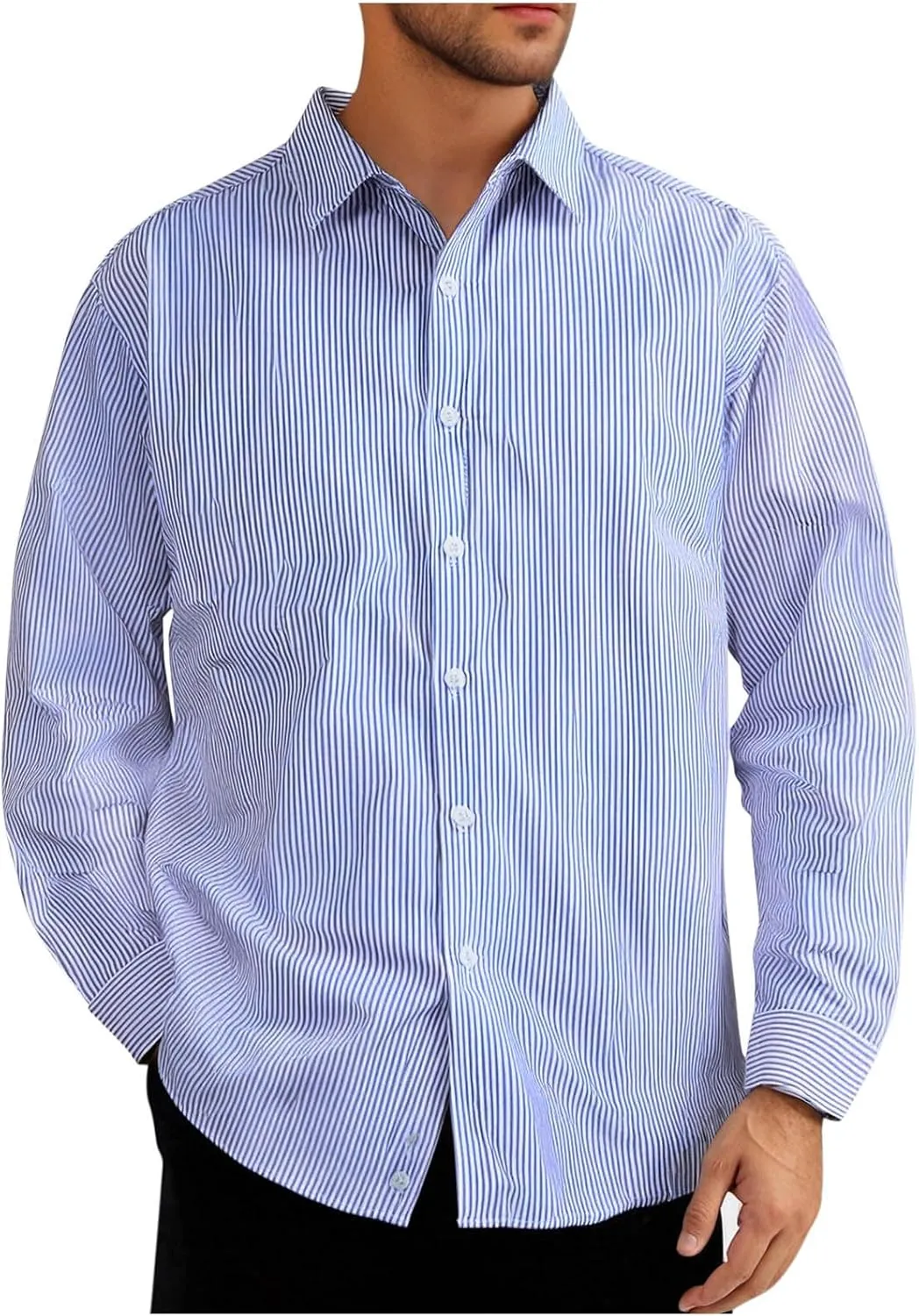Mens Classic Casual Vertical Striped Shirts Relaxed Fit Long Sleeve Dress Shirts Big and Tall Button Down Work Shirt