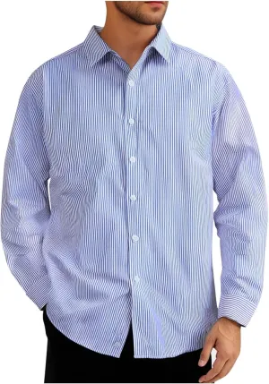 Mens Classic Casual Vertical Striped Shirts Relaxed Fit Long Sleeve Dress Shirts Big and Tall Button Down Work Shirt