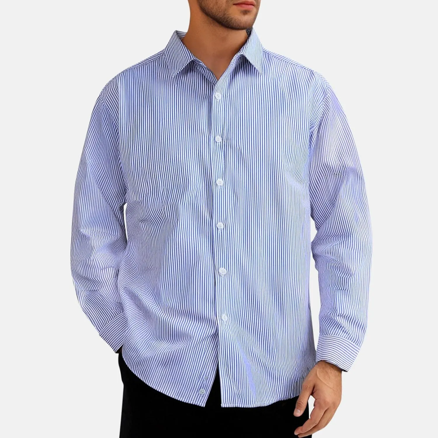 Mens Classic Casual Vertical Striped Shirts Relaxed Fit Long Sleeve Dress Shirts Big and Tall Button Down Work Shirt
