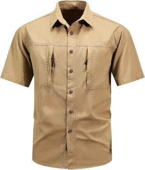 Mens Classic Military Tactical Shirt Rip Stop Work Shirt Short Sleeve Cargo Shirts for Outdoor Hiking Hunting Fishing