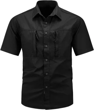 Mens Classic Military Tactical Shirt Rip Stop Work Shirt Short Sleeve Cargo Shirts for Outdoor Hiking Hunting Fishing