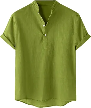 Men's Cotton Linen Henley Shirt Short Sleeve Breathable Shirts Casual Lightweight Summer Tee Tops
