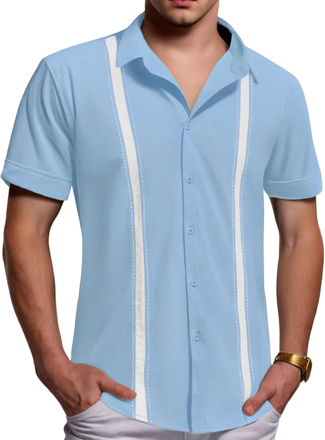 Men's Cuban Guayabera T Shirt Short Sleeve Button Down Linen Shirts Tops Color Block Casual Summer Beach Shirts