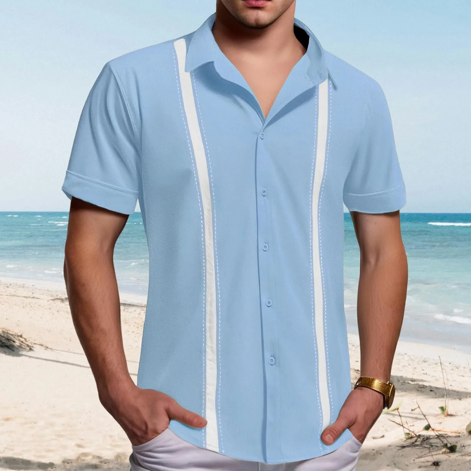 Men's Cuban Guayabera T Shirt Short Sleeve Button Down Linen Shirts Tops Color Block Casual Summer Beach Shirts