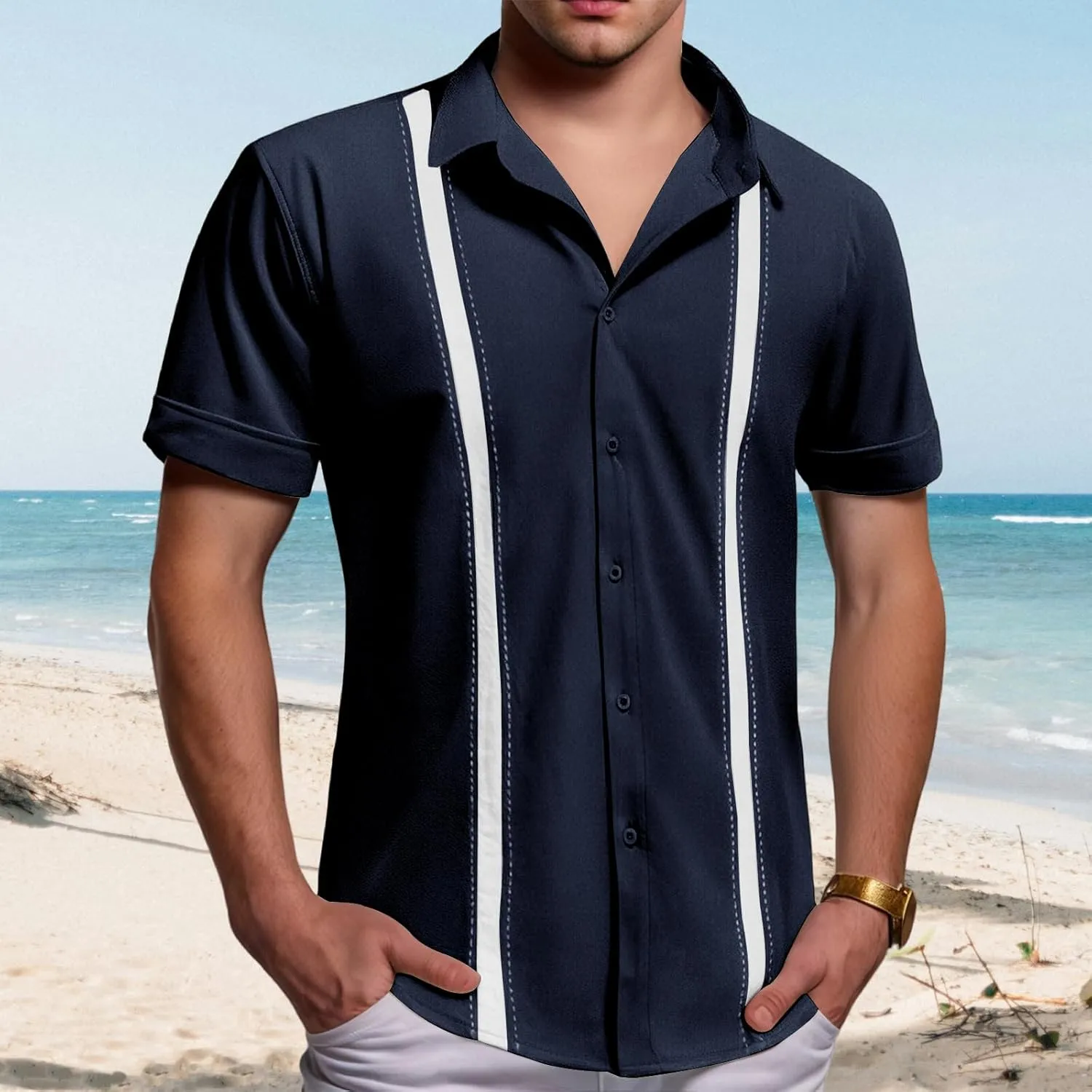 Men's Cuban Guayabera T Shirt Short Sleeve Button Down Linen Shirts Tops Color Block Casual Summer Beach Shirts