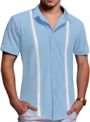 Men's Cuban Guayabera T Shirt Short Sleeve Button Down Linen Shirts Tops Color Block Casual Summer Beach Shirts