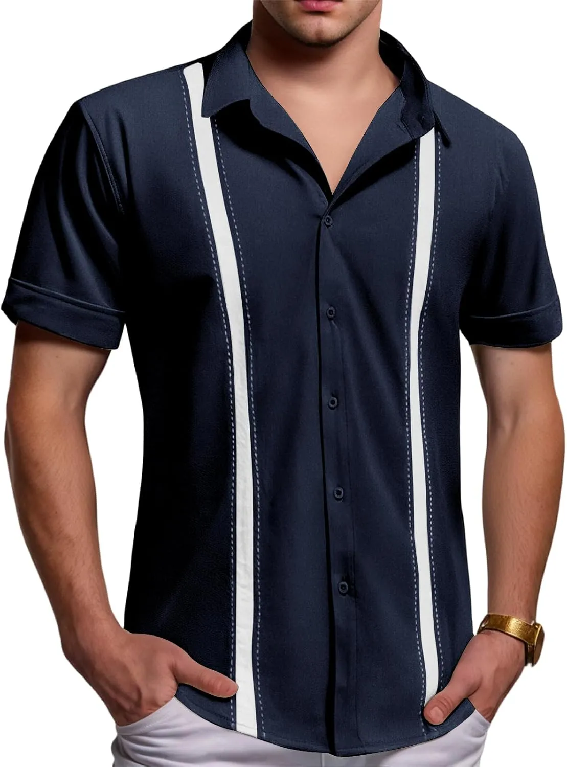Men's Cuban Guayabera T Shirt Short Sleeve Button Down Linen Shirts Tops Color Block Casual Summer Beach Shirts