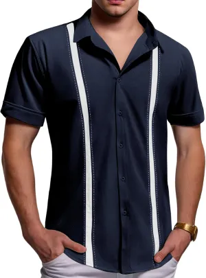 Men's Cuban Guayabera T Shirt Short Sleeve Button Down Linen Shirts Tops Color Block Casual Summer Beach Shirts