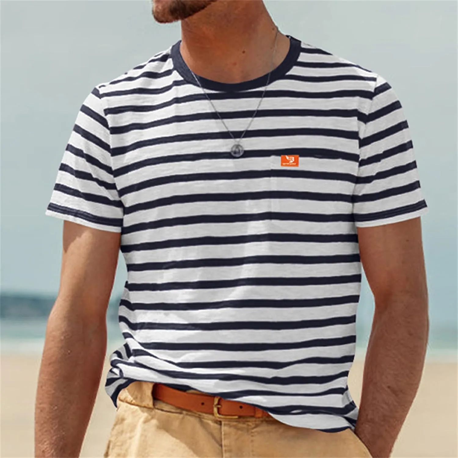 Mens Fashion T Shirts Striped Short Sleeve Crew Neck Sweatshirts Casual Outdoor Shirt Summer Beach Hawaiian T-Shirts