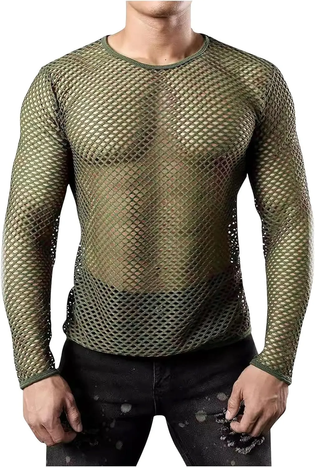 Mens Fishnet Mesh Muscle Shirts Top See Thru Workout Gym Shirts Mesh Base Layer Fishnet Sexy Top Fitted Crew Neck Tee
