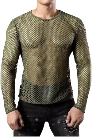 Mens Fishnet Mesh Muscle Shirts Top See Thru Workout Gym Shirts Mesh Base Layer Fishnet Sexy Top Fitted Crew Neck Tee