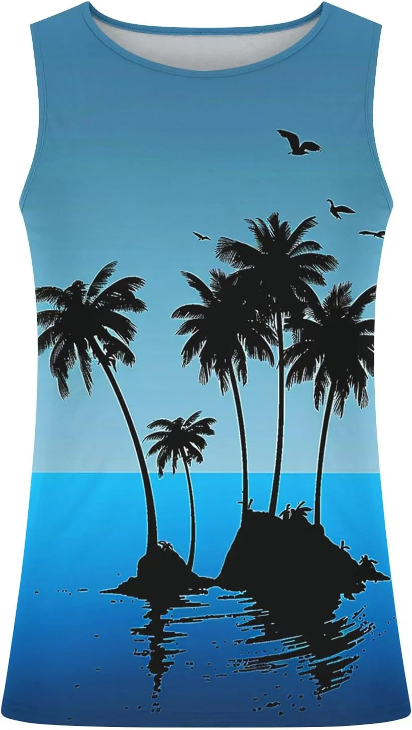 Men's Hawaiian Palm Tree Tank Top Summer Sleeveless Crwneck Loose Beach Tees Casual Lightweight Sport Quick Dry Tops