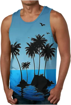 Men's Hawaiian Palm Tree Tank Top Summer Sleeveless Crwneck Loose Beach Tees Casual Lightweight Sport Quick Dry Tops
