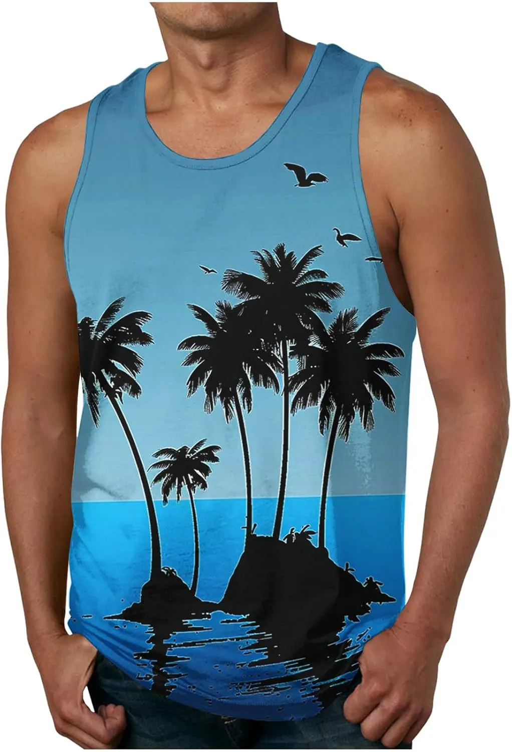 Men's Hawaiian Palm Tree Tank Top Summer Sleeveless Crwneck Loose Beach Tees Casual Lightweight Sport Quick Dry Tops