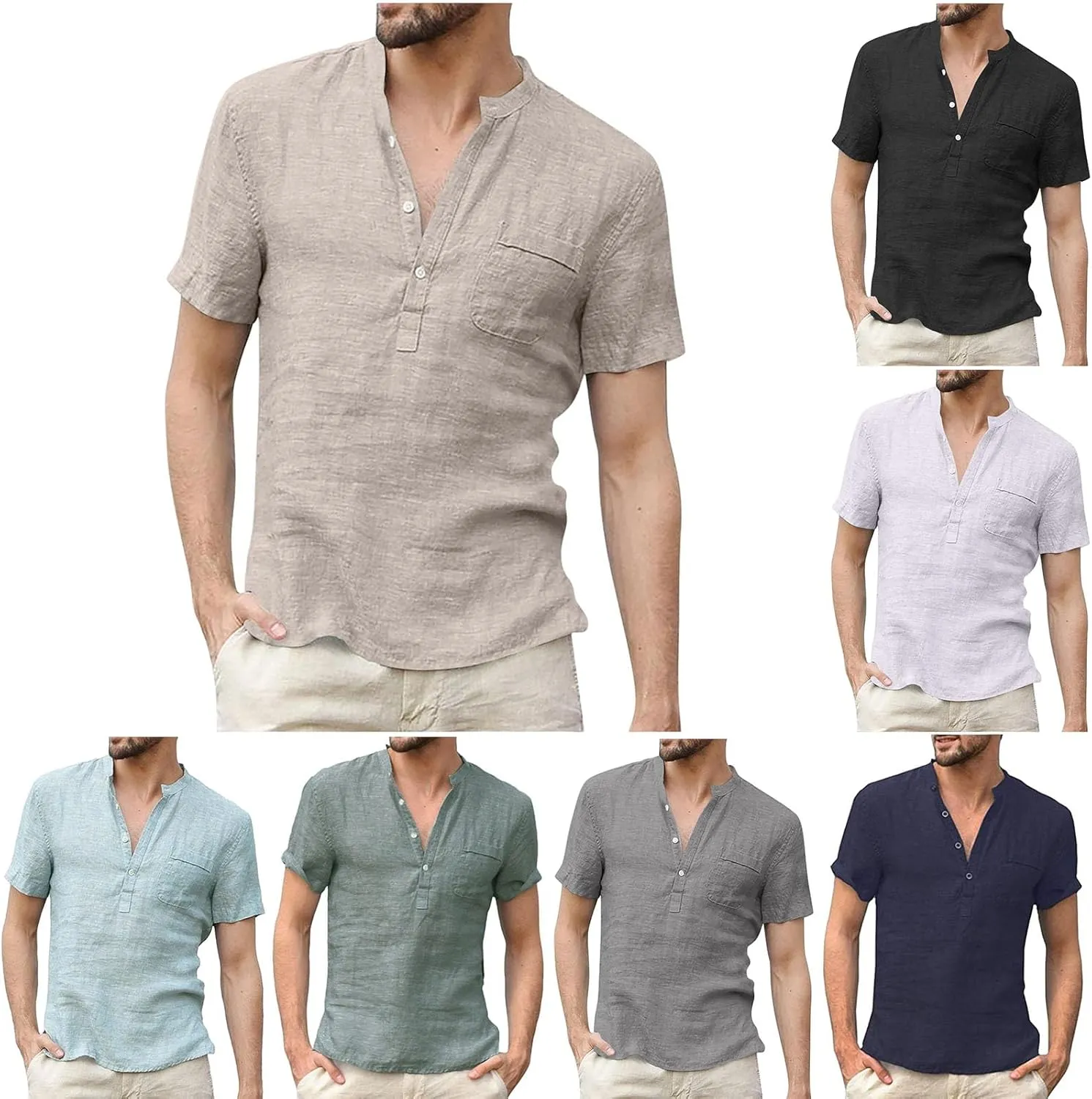 Mens Henley Linen Shirts Casual Lightweight Short Sleeve Button Up Summer Beach Yoga T Shirt Tops for Men