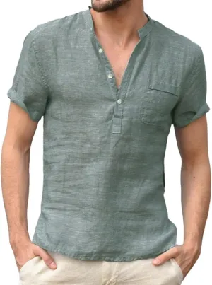 Mens Henley Linen Shirts Casual Lightweight Short Sleeve Button Up Summer Beach Yoga T Shirt Tops for Men