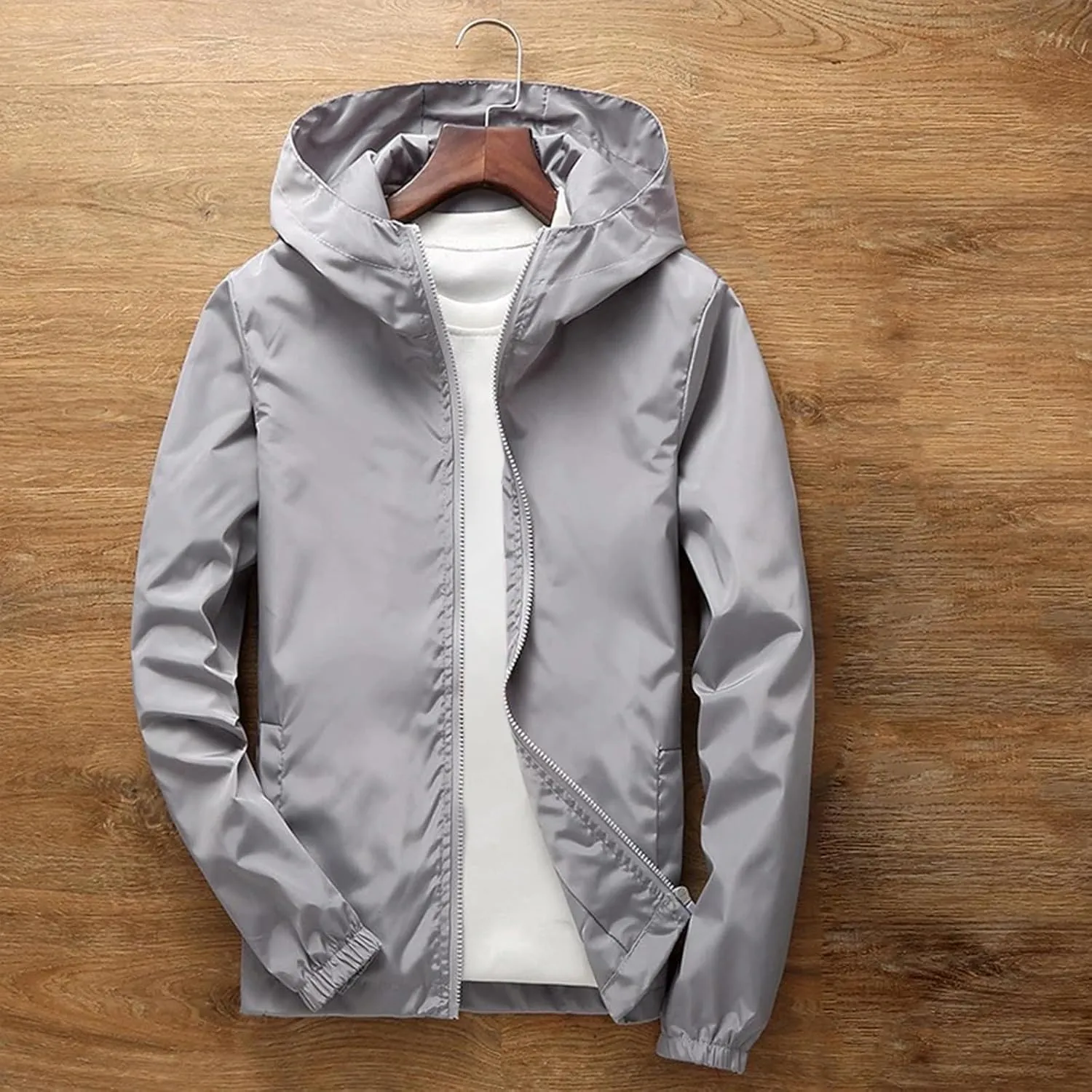 Mens Hooded Raincoat Big and Tall Lightweight Solid Color Waterproof Windproof Rain Jackets Hiking Travel Windbreaker