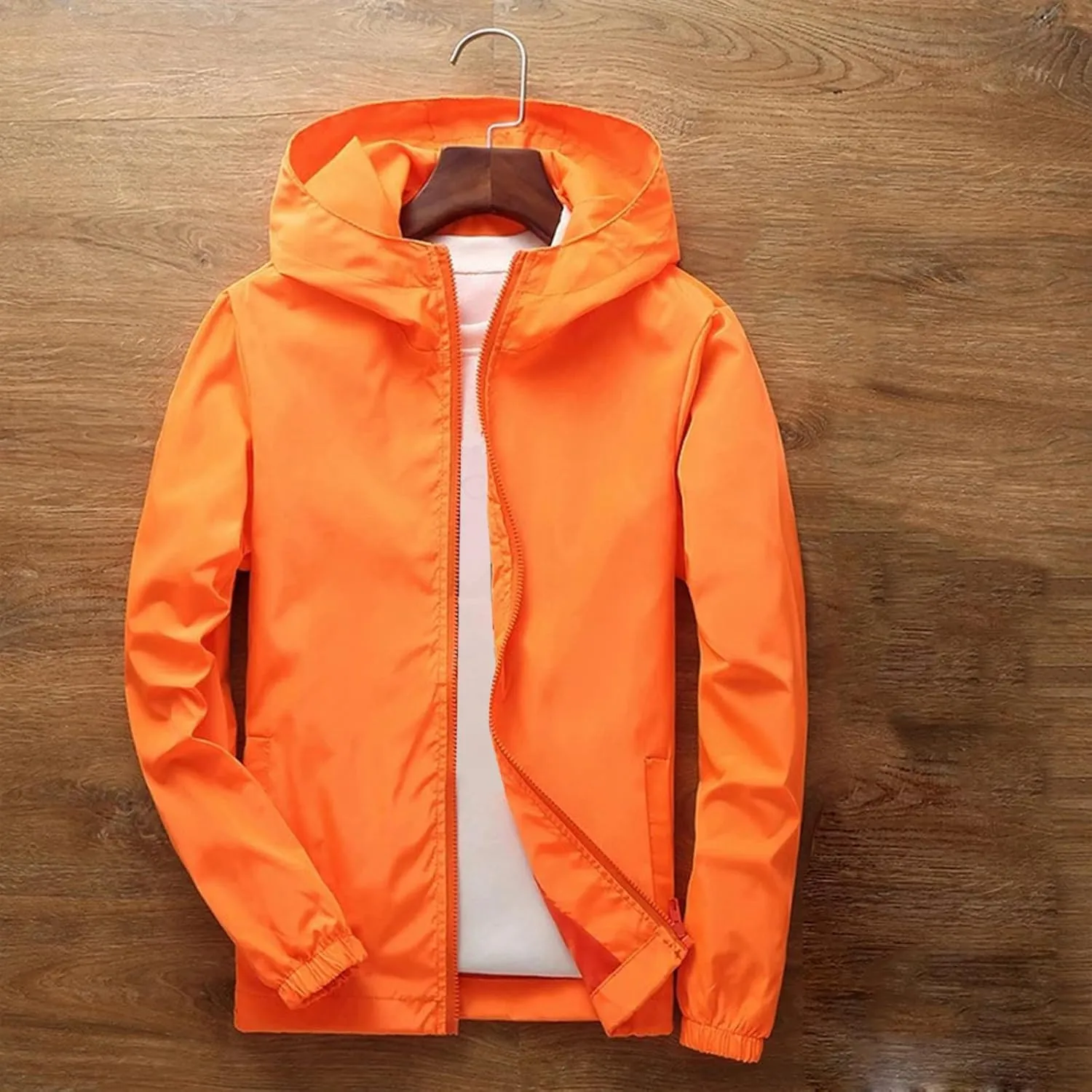 Mens Hooded Raincoat Big and Tall Lightweight Solid Color Waterproof Windproof Rain Jackets Hiking Travel Windbreaker