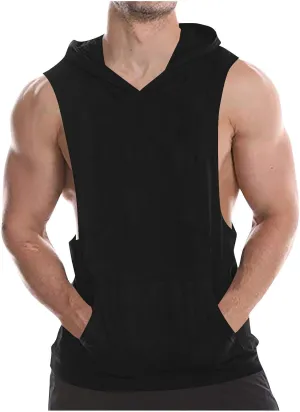 Men's Hooded Workout Tank Tops Cotton Quick Dry Lightweight Sleeveless Cut Out T Shirts Gym Bodybuilding Muscle Tees