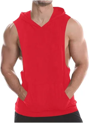 Men's Hooded Workout Tank Tops Cotton Quick Dry Lightweight Sleeveless Cut Out T Shirts Gym Bodybuilding Muscle Tees