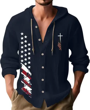 Mens Lightweight Button-Up Hoodie Casual Cotton Long Sleeve Sweatshirts American Independence Day Beach Tops with Hood