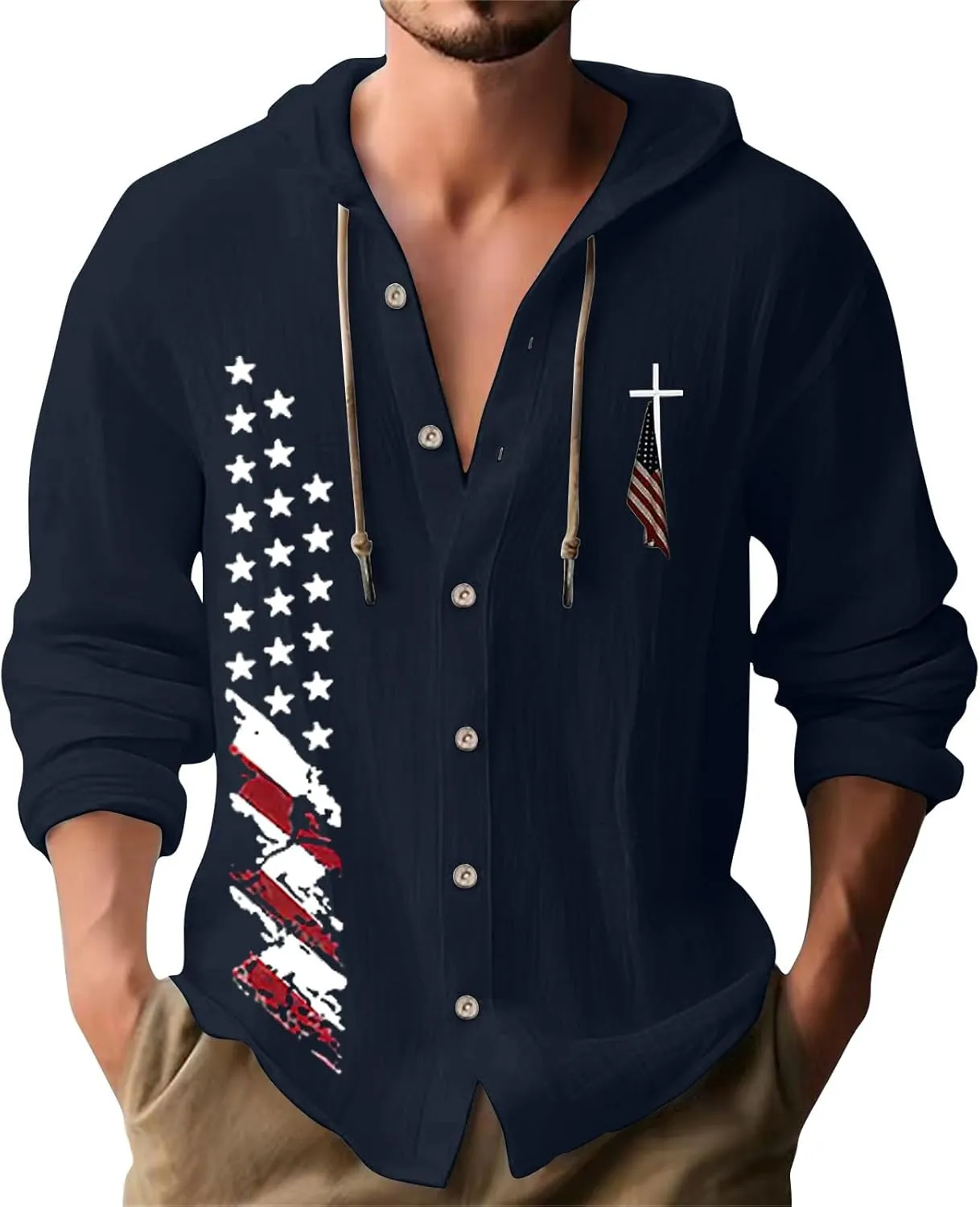 Mens Lightweight Button-Up Hoodie Casual Cotton Long Sleeve Sweatshirts American Independence Day Beach Tops with Hood