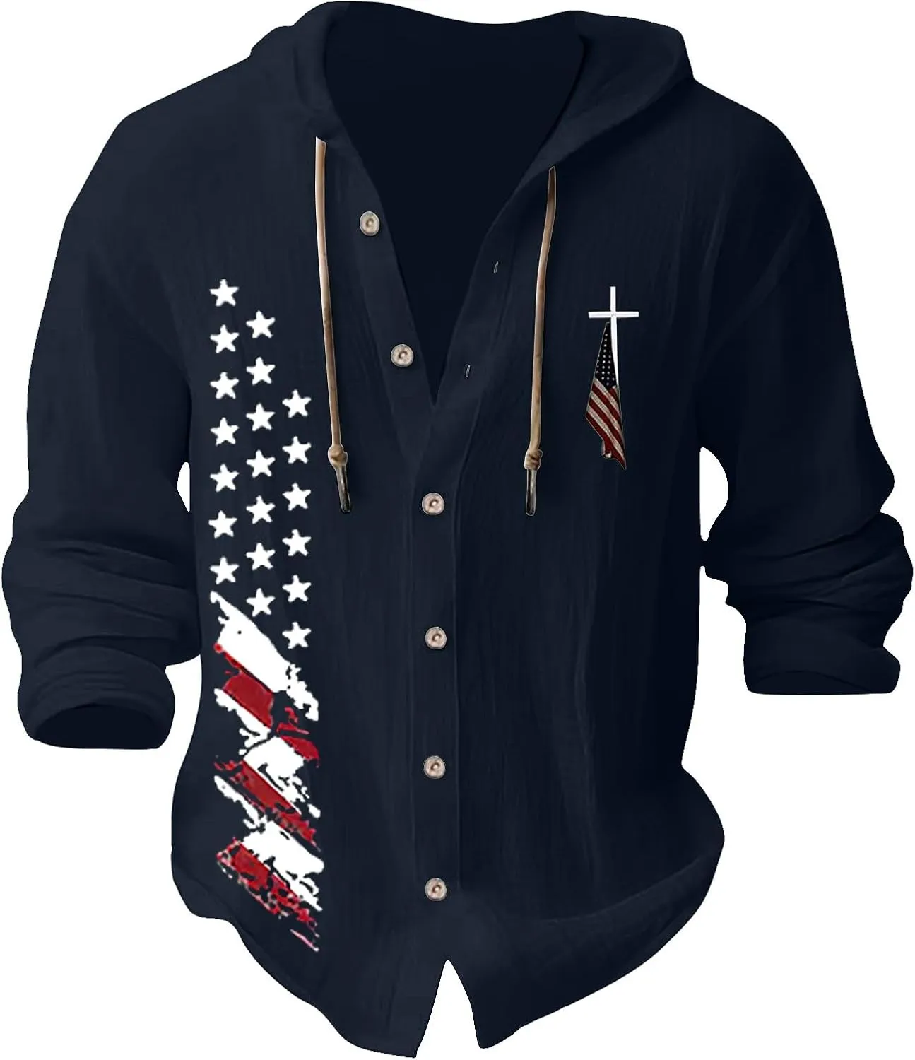 Mens Lightweight Button-Up Hoodie Casual Cotton Long Sleeve Sweatshirts American Independence Day Beach Tops with Hood