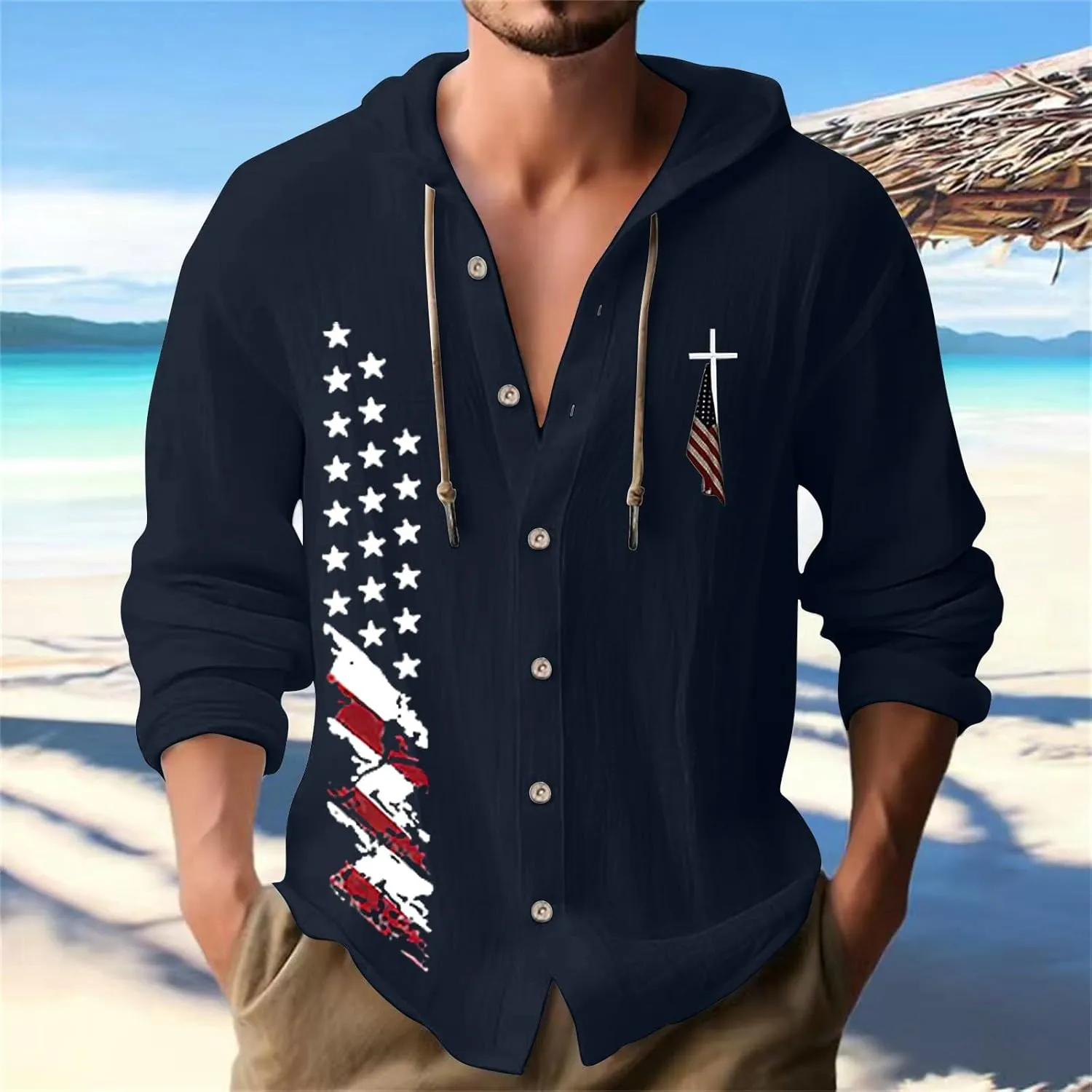 Mens Lightweight Button-Up Hoodie Casual Cotton Long Sleeve Sweatshirts American Independence Day Beach Tops with Hood